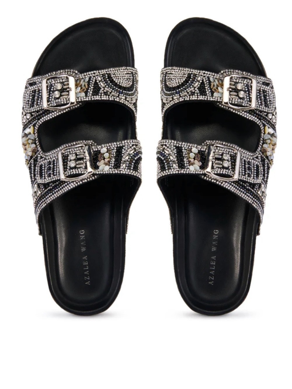 Azalea Wang Black Crystal-Embellished Double-Buckle Slide Sandals